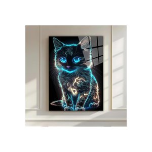 Neon Glow Cam Tablo – Parlayan Kedi Figürü (yüksek Çözünürlük) | Hayvan Figürlü Dekoratif Duvar Tablosu, Salon, Ofis Ve Çalışma Alanı Dekoru, 50x70 cm