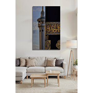Kabe Ve Mescid-i Nebevi Temalı Altın Hat İşlemeli Lüks Dekoratif Cam Tablo | Modern Dekorasyon Temalı Dekoratif Duvar Tablosu, Salon, Ev Ve Ofis Dekoru, 72x46 cm