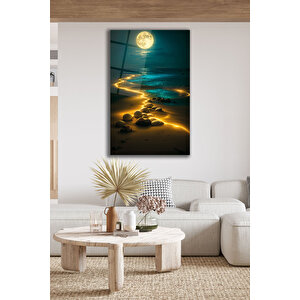Premium Temperli Dolunay Ve Deniz Manzaralı Gece Temalı Dekoratif Cam Duvar Tablosu | Deniz Temalı Dekoratif Cam Tablo, Salon, Ofis Ve Yazlık Dekoru, 72x46 cm