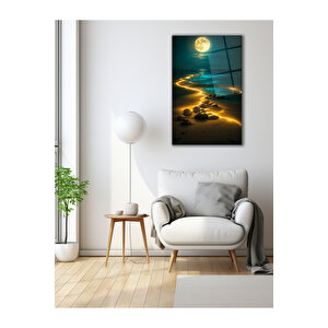 Premium Temperli Dolunay Ve Deniz Manzaralı Gece Temalı Dekoratif Cam Duvar Tablosu | Deniz Temalı Dekoratif Cam Tablo, Salon, Ofis Ve Yazlık Dekoru, 72x46 cm