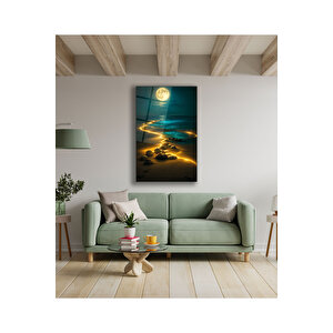 Premium Temperli Dolunay Ve Deniz Manzaralı Gece Temalı Dekoratif Cam Duvar Tablosu | Deniz Temalı Dekoratif Cam Tablo, Salon, Ofis Ve Yazlık Dekoru, 72x46 cm
