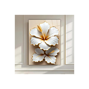 Gold White Hibiscus – Modern Cam Tablo | Doğa Ve Manzara Temalı Dekoratif Duvar Tablosu, Salon, Yatak Odası Ve Ofis Dekoru, 30x45 cm