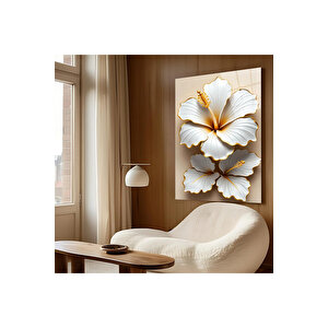 Gold White Hibiscus – Modern Cam Tablo | Doğa Ve Manzara Temalı Dekoratif Duvar Tablosu, Salon, Yatak Odası Ve Ofis Dekoru, 30x45 cm