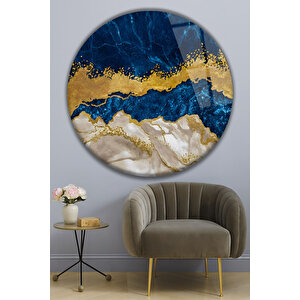 Modern Mermer Desenli Gold Detaylı Lacivert Yuvarlak 4mm Temperli Dekoratif Cam Tablo | Doğa Ve Manzara Temalı Dekoratif Duvar Tablosu, Salon, Yatak Odası Ve Ofis Dekoru, 100x100 Cm 70x70 cm