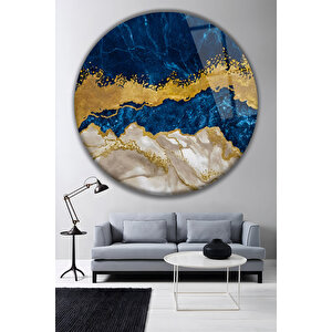 Modern Mermer Desenli Gold Detaylı Lacivert Yuvarlak 4mm Temperli Dekoratif Cam Tablo | Doğa Ve Manzara Temalı Dekoratif Duvar Tablosu, Salon, Yatak Odası Ve Ofis Dekoru, 100x100 Cm 70x70 cm