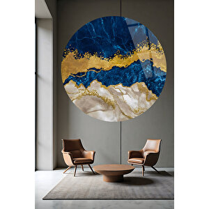Modern Mermer Desenli Gold Detaylı Lacivert Yuvarlak 4mm Temperli Dekoratif Cam Tablo | Doğa Ve Manzara Temalı Dekoratif Duvar Tablosu, Salon, Yatak Odası Ve Ofis Dekoru, 100x100 Cm 70x70 cm