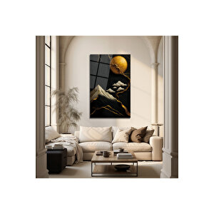 Gold Detaylı Dağ Ve Güneş – Modern & Zarif Cam Tablo | Doğa Ve Manzara Temalı Dekoratif Duvar Tablosu, Salon, Yatak Odası Ve Ofis Dekoru, 30x45 cm