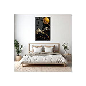 Gold Detaylı Dağ Ve Güneş – Modern & Zarif Cam Tablo | Doğa Ve Manzara Temalı Dekoratif Duvar Tablosu, Salon, Yatak Odası Ve Ofis Dekoru, 30x45 cm