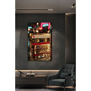 Retro Gold Kaset Tasarımlı Modern Temperli Cam Tablo Lüks Müzik Temalı Dekoratif Duvar Dekoru | Doğa Ve Manzara Temalı Dekoratif Duvar Tablosu, Salon, Yatak Odası Ve Ofis Dekoru, 110x70 cm