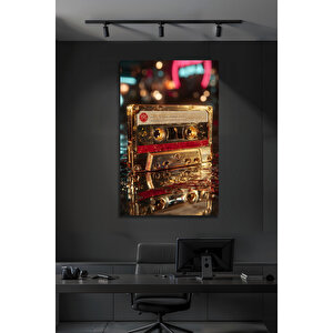 Retro Gold Kaset Tasarımlı Modern Temperli Cam Tablo Lüks Müzik Temalı Dekoratif Duvar Dekoru | Doğa Ve Manzara Temalı Dekoratif Duvar Tablosu, Salon, Yatak Odası Ve Ofis Dekoru, 110x70 cm