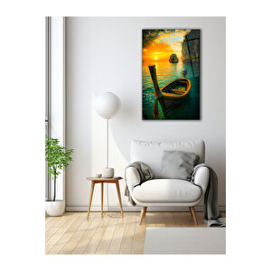 Günbatımında Sandal – Doğal Kaçış Temalı Cam Tablo | Doğa Ve Manzara Temalı Dekoratif Duvar Tablosu, Salon, Yatak Odası Ve Ofis Dekoru, 90x60 cm