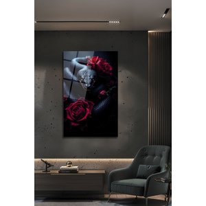 Temperli Cam Tablo Yılan Ve Gül Gizemli Dekoratif Ev Ofis Lüks Dekor Siyah Kırmızı | Çiçek Temalı Dekoratif Duvar Tablosu, Salon Ve Yatak Odası Dekoru, 90x60 Cm 30x45 cm