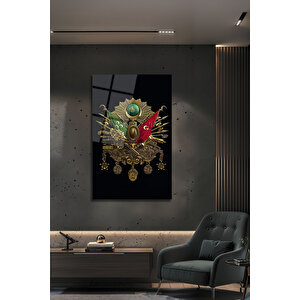 Osmanlı Tuğrası Arması Ayyıldızlı Dekoratif Lüks Temperli Cam Duvar Tablosu | Modern Dekorasyon Temalı Dekoratif Cam Tablo, Salon, Ev Ve Ofis Dekoru, 30x45 cm