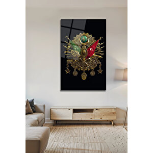 Osmanlı Tuğrası Arması Ayyıldızlı Dekoratif Lüks Temperli Cam Duvar Tablosu | Modern Dekorasyon Temalı Dekoratif Cam Tablo, Salon, Ev Ve Ofis Dekoru, 72x46 cm