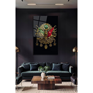 Osmanlı Tuğrası Arması Ayyıldızlı Dekoratif Lüks Temperli Cam Duvar Tablosu | Modern Dekorasyon Temalı Dekoratif Cam Tablo, Salon, Ev Ve Ofis Dekoru, 72x46 cm