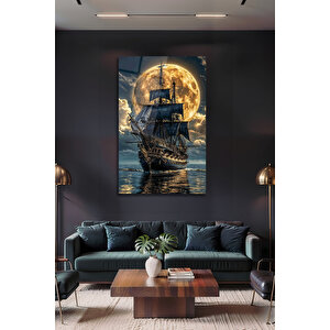 Korsan Gemisi Ve Dolunay Pleksi Tablo Fantastik Denizcilik Manzarası Dekoratif Cam Tablo | Deniz Temalı Dekoratif Duvar Tablosu, Salon, Ofis Ve Yazlık Dekoru, 72x46 cm