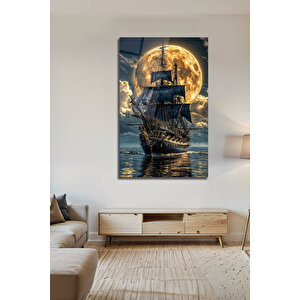 Korsan Gemisi Ve Dolunay Pleksi Tablo Fantastik Denizcilik Manzarası Dekoratif Cam Tablo | Deniz Temalı Dekoratif Duvar Tablosu, Salon, Ofis Ve Yazlık Dekoru, 90x60 cm