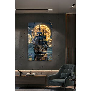 Korsan Gemisi Ve Dolunay Pleksi Tablo Fantastik Denizcilik Manzarası Dekoratif Cam Tablo | Deniz Temalı Dekoratif Duvar Tablosu, Salon, Ofis Ve Yazlık Dekoru, 90x60 cm