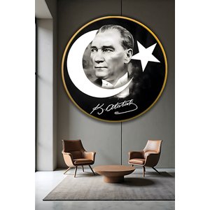 Mustafa Kemal Atatürk Portreli Ay Yıldız Siyah Yuvarlak Gold Ofis Ve Salon Lüks Dekoratif Cam Tablo | Atatürk Temalı Dekoratif Duvar Tablosu, Salon, Ofis Ve Çalışma Alanı Dekoru, 100x100 Cm 70x70 cm