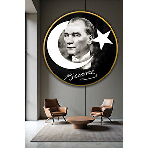Mustafa Kemal Atatürk Portreli Ay Yıldız Siyah Yuvarlak Gold Ofis Ve Salon Lüks Dekoratif Cam Tablo | Atatürk Temalı Dekoratif Duvar Tablosu, Salon, Ofis Ve Çalışma Alanı Dekoru, 100x100 Cm 100x100 cm