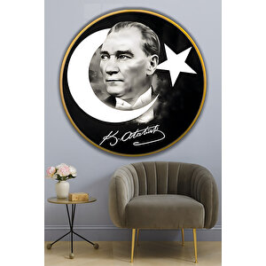 Mustafa Kemal Atatürk Portreli Ay Yıldız Siyah Yuvarlak Gold Ofis Ve Salon Lüks Dekoratif Cam Tablo | Atatürk Temalı Dekoratif Duvar Tablosu, Salon, Ofis Ve Çalışma Alanı Dekoru, 100x100 Cm 100x100 cm