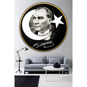 Mustafa Kemal Atatürk Portreli Ay Yıldız Siyah Yuvarlak Gold Ofis Ve Salon Lüks Dekoratif Cam Tablo | Atatürk Temalı Dekoratif Duvar Tablosu, Salon, Ofis Ve Çalışma Alanı Dekoru, 100x100 Cm 100x100 cm