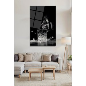 Siyah Beyaz Viski Dökme Temalı Şık Bar Konsepti Dekoratif Cam Tablo | Modern Dekorasyon Temalı Dekoratif Duvar Tablosu, Salon, Ev Ve Ofis Dekoru, 30x45 cm