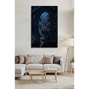 Siyah Panter Cam Tablo Mavi Işıltılı Leopar Modern Dekoratif Lüks Salon Ofis Tablosu Temperli Cam | Hayvan Figürlü Dekoratif Duvar Tablosu, Salon, Ofis Ve Çalışma Alanı Dekoru, 90x60 cm