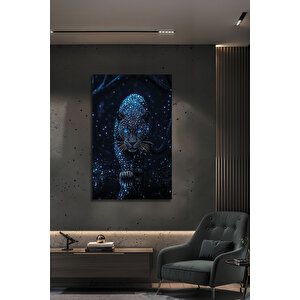 Siyah Panter Cam Tablo Mavi Işıltılı Leopar Modern Dekoratif Lüks Salon Ofis Tablosu Temperli Cam | Hayvan Figürlü Dekoratif Duvar Tablosu, Salon, Ofis Ve Çalışma Alanı Dekoru, 90x60 cm