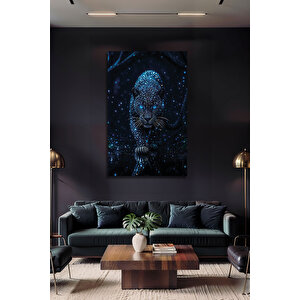 Siyah Panter Cam Tablo Mavi Işıltılı Leopar Modern Dekoratif Lüks Salon Ofis Tablosu Temperli Cam | Hayvan Figürlü Dekoratif Duvar Tablosu, Salon, Ofis Ve Çalışma Alanı Dekoru, 90x60 cm
