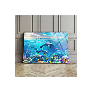 Yunus Balıkları Cam Duvar Dekoru ,kırılmaz Temperli Cam Üzeri Solmaz Baskı | Deniz Temalı Dekoratif Cam Tablo, Salon, Ofis Ve Yazlık Dekoru, 45x30 cm