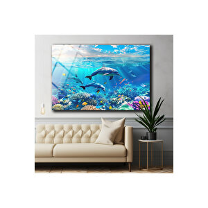 Yunus Balıkları Cam Duvar Dekoru ,kırılmaz Temperli Cam Üzeri Solmaz Baskı | Deniz Temalı Dekoratif Cam Tablo, Salon, Ofis Ve Yazlık Dekoru, 120x80 cm