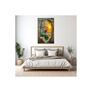 Duvar Arasından Geçen Yelkenli Ve Gün Batımı Manzaralı Cam Tablo | Deniz Temalı Dekoratif Duvar Tablosu, Salon, Ofis Ve Yazlık Dekoru, 90x60 cm