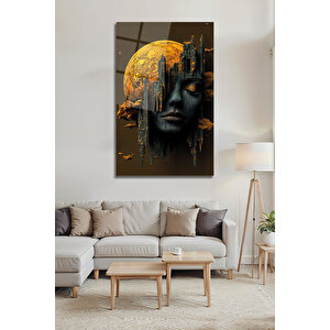 Temperli Sürreal Kadın Yüzü Şehir Silüeti Ay Manzara Dekoratif Cam Tablo | Doğa Ve Manzara Temalı Dekoratif Duvar Tablosu, Salon, Yatak Odası Ve Ofis Dekoru, 110x70 cm