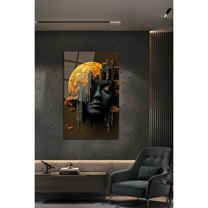 Temperli Sürreal Kadın Yüzü Şehir Silüeti Ay Manzara Dekoratif Cam Tablo | Doğa Ve Manzara Temalı Dekoratif Duvar Tablosu, Salon, Yatak Odası Ve Ofis Dekoru, 110x70 cm