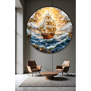 Gün Batımı Deniz Manzaralı Yelkenli Gemi Yuvarlak Temperli Dekoratif Cam Tablo | Deniz Temalı Dekoratif Duvar Tablosu, Salon, Ofis Ve Yazlık Dekoru, 50x50 Cm 80x80 cm
