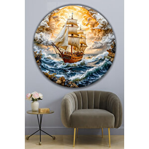 Gün Batımı Deniz Manzaralı Yelkenli Gemi Yuvarlak Temperli Dekoratif Cam Tablo | Deniz Temalı Dekoratif Duvar Tablosu, Salon, Ofis Ve Yazlık Dekoru, 50x50 Cm 80x80 cm
