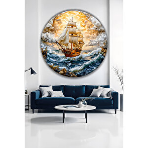 Gün Batımı Deniz Manzaralı Yelkenli Gemi Yuvarlak Temperli Dekoratif Cam Tablo | Deniz Temalı Dekoratif Duvar Tablosu, Salon, Ofis Ve Yazlık Dekoru, 50x50 Cm 80x80 cm