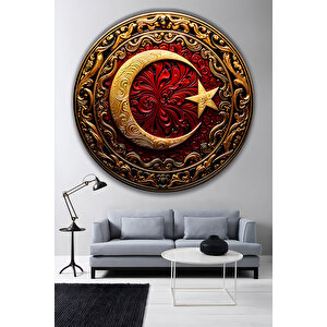 Ay Yıldız Gold Kırmızı Yuvarlak Temperli Dekoratif Cam Tablo Türk Bayrağı Temalı Lüks Duvar Dekoru | Türk Bayrağı Temalı Dekoratif Duvar Tablosu, Ev, Ofis Ve Özel Gün Dekoru, 60x60 Cm 70x70 cm