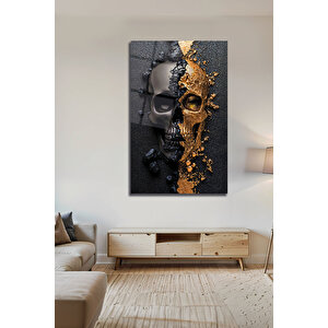 Altın Detaylı Kurukafa Pleksi Tablo Siyah Mat Endüstriyel Zemin Üzerinde Lüks Gotik Dekoratif Tablo | Modern Dekorasyon Temalı Dekoratif Cam Tablo, Salon, Ev Ve Ofis Dekoru, 72x46 cm