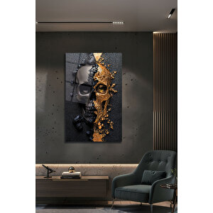 Altın Detaylı Kurukafa Pleksi Tablo Siyah Mat Endüstriyel Zemin Üzerinde Lüks Gotik Dekoratif Tablo | Modern Dekorasyon Temalı Dekoratif Cam Tablo, Salon, Ev Ve Ofis Dekoru, 72x46 cm