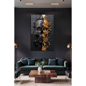 Altın Detaylı Kurukafa Pleksi Tablo Siyah Mat Endüstriyel Zemin Üzerinde Lüks Gotik Dekoratif Tablo | Modern Dekorasyon Temalı Dekoratif Cam Tablo, Salon, Ev Ve Ofis Dekoru, 72x46 cm