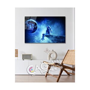 Dünya Uzay Astronot Göz Alıcı Şık Cam Tablo Modern Ev Ofis Salon Duvar Oda Dekoru Hediyelik | Uzay Temalı Dekoratif Duvar Tablosu, Çocuk Ve Genç Odası Dekoru, 72x46 cm