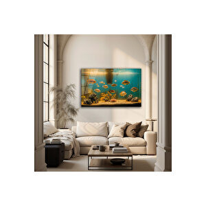 Akvaryum Ve Balık Desenli Cam Tablo Canlı Ve Dekoratif Tasarım | Deniz Temalı Dekoratif Duvar Tablosu, Salon, Ofis Ve Yazlık Dekoru, 90x60 cm