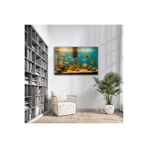 Akvaryum Ve Balık Desenli Cam Tablo Canlı Ve Dekoratif Tasarım | Deniz Temalı Dekoratif Duvar Tablosu, Salon, Ofis Ve Yazlık Dekoru, 90x60 cm