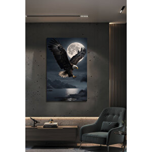 Dolunay Ve Kartal Temalı Cam Tablo Gece Manzaralı Lüks Dekoratif Duvar Sanatı | Doğa Ve Manzara Temalı Dekoratif Duvar Tablosu, Salon, Yatak Odası Ve Ofis Dekoru, 110x70 cm