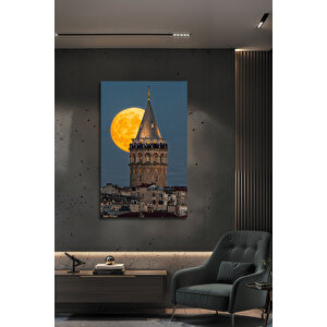 Galata Kulesi İstanbul Manzaralı Dolunay Temalı Modern Dekoratif Cam Tablo | Doğa Ve Manzara Temalı Dekoratif Duvar Tablosu, Salon, Yatak Odası Ve Ofis Dekoru, 72x46 cm