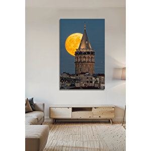 Galata Kulesi İstanbul Manzaralı Dolunay Temalı Modern Dekoratif Cam Tablo | Doğa Ve Manzara Temalı Dekoratif Duvar Tablosu, Salon, Yatak Odası Ve Ofis Dekoru, 72x46 cm