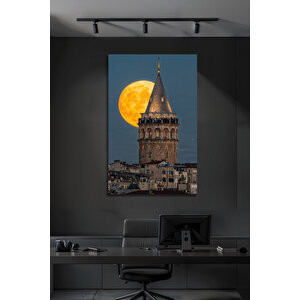 Galata Kulesi İstanbul Manzaralı Dolunay Temalı Modern Dekoratif Cam Tablo | Doğa Ve Manzara Temalı Dekoratif Duvar Tablosu, Salon, Yatak Odası Ve Ofis Dekoru, 72x46 cm