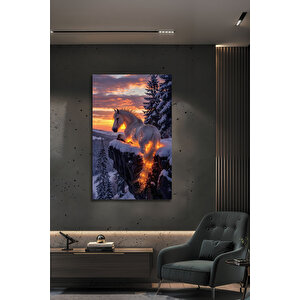 Karlı Manzara Işıltılı Lüks Beyaz At Uv Baskılı Dekoratif Cam Tablo | Doğa Ve Manzara Temalı Dekoratif Duvar Tablosu, Salon, Yatak Odası Ve Ofis Dekoru, 110x70 cm